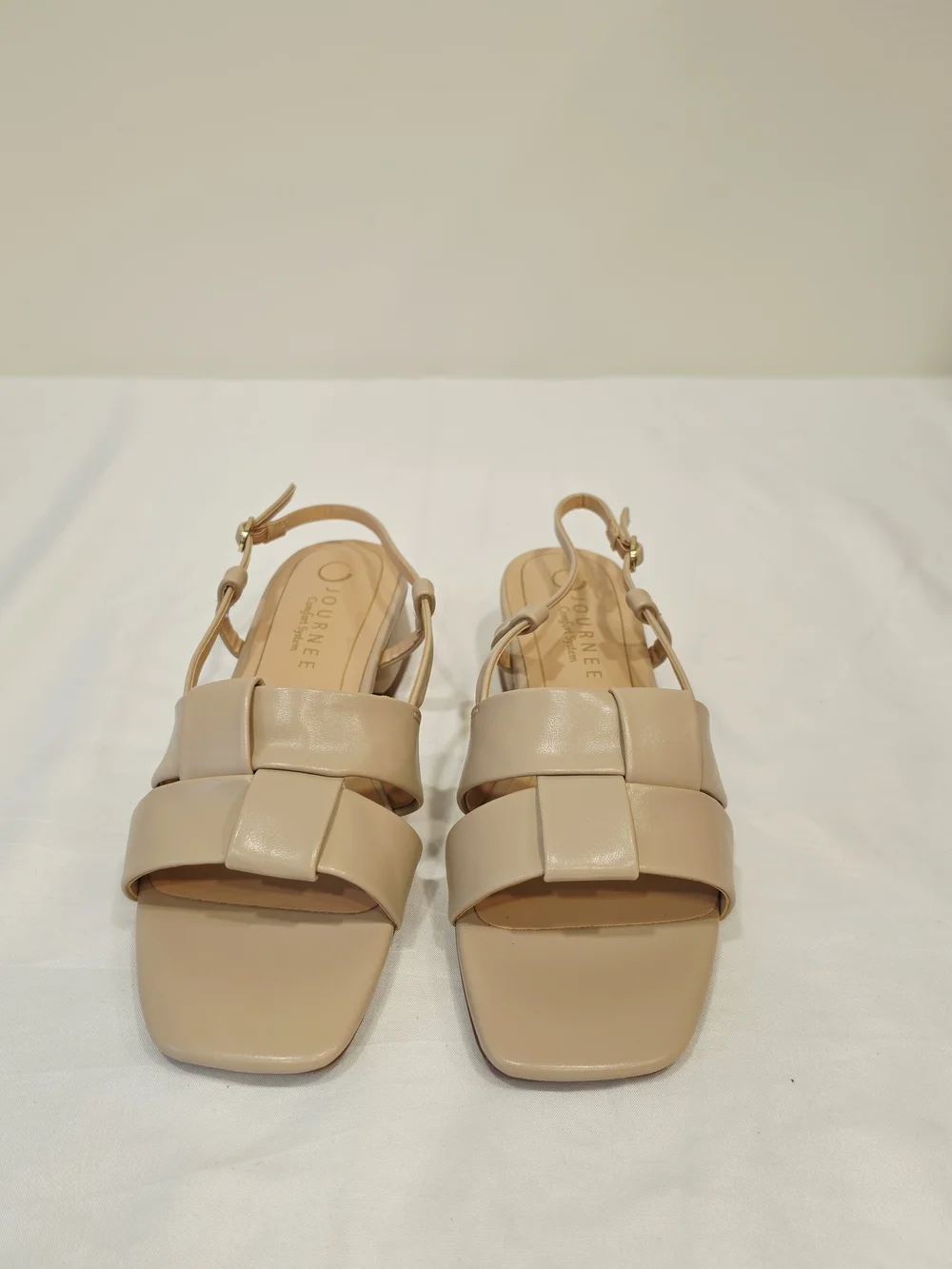Journee Collection Tabatha Nude Woven T-Strap Low Block Heel Sandals US Size 7.5